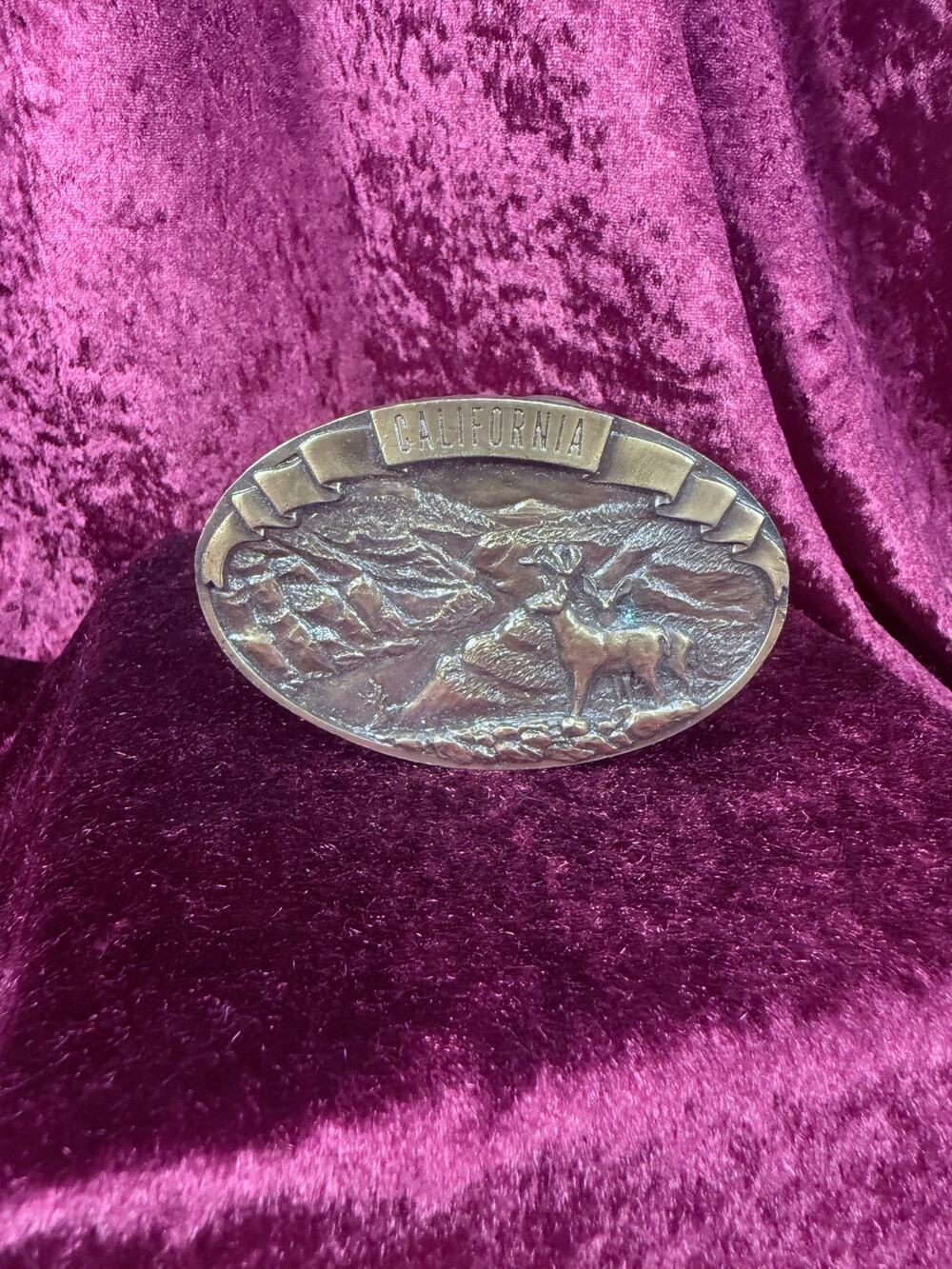 Vintage Solid Brass Belt Buckle Accessory – California Deer Mountain Scene